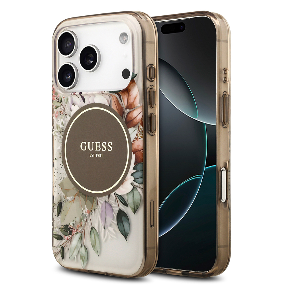 [RNZ-TA126691] Apple iPhone 17 Pro Max Uyumlu Kılıf Guess Orjinal Lisanslı M-safe Şarj Özellikli Flower Tonal Circle Kapak (Kahverengi)