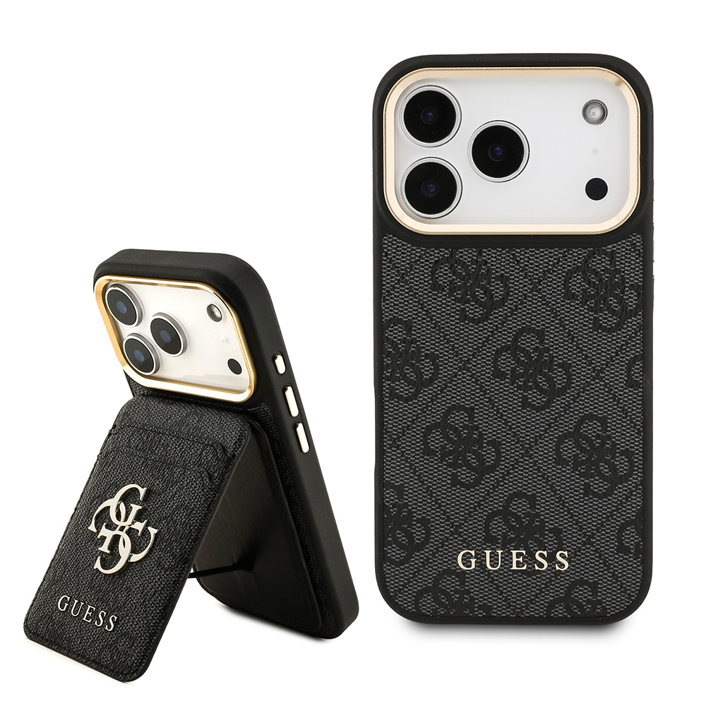 [RNZ-TA126638] Apple iPhone 17 Pro Uyumlu Kılıf Guess Orjinal Lisanslı M-safe Şarj Özellikli 4G Metal Büyük Logolu Kartlıklı Kapak (Siyah)