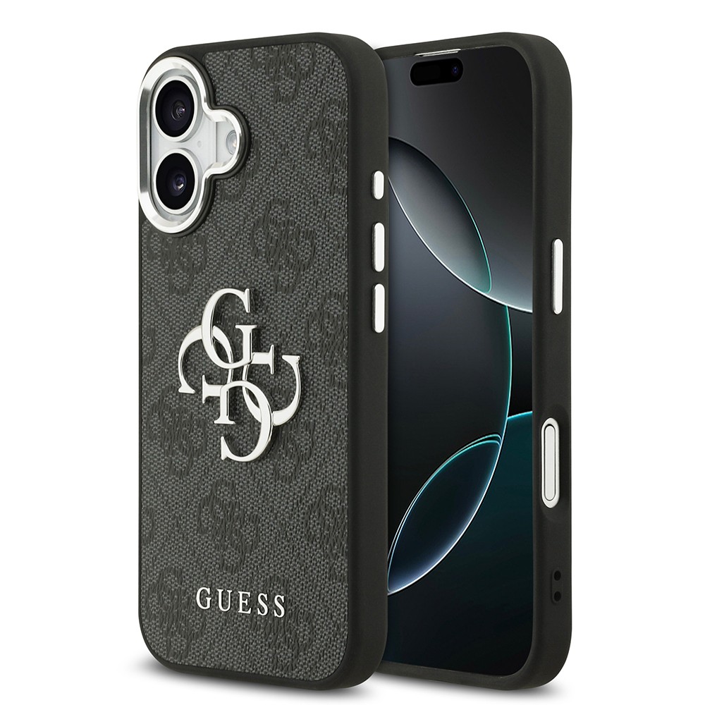 Apple iPhone 17 Uyumlu Kılıf Guess Orjinal Lisanslı Gümüş Metal Kamera Çerçeveli 4G Desenli Metal Büyük 4G ve Yazı Logolu Kapak