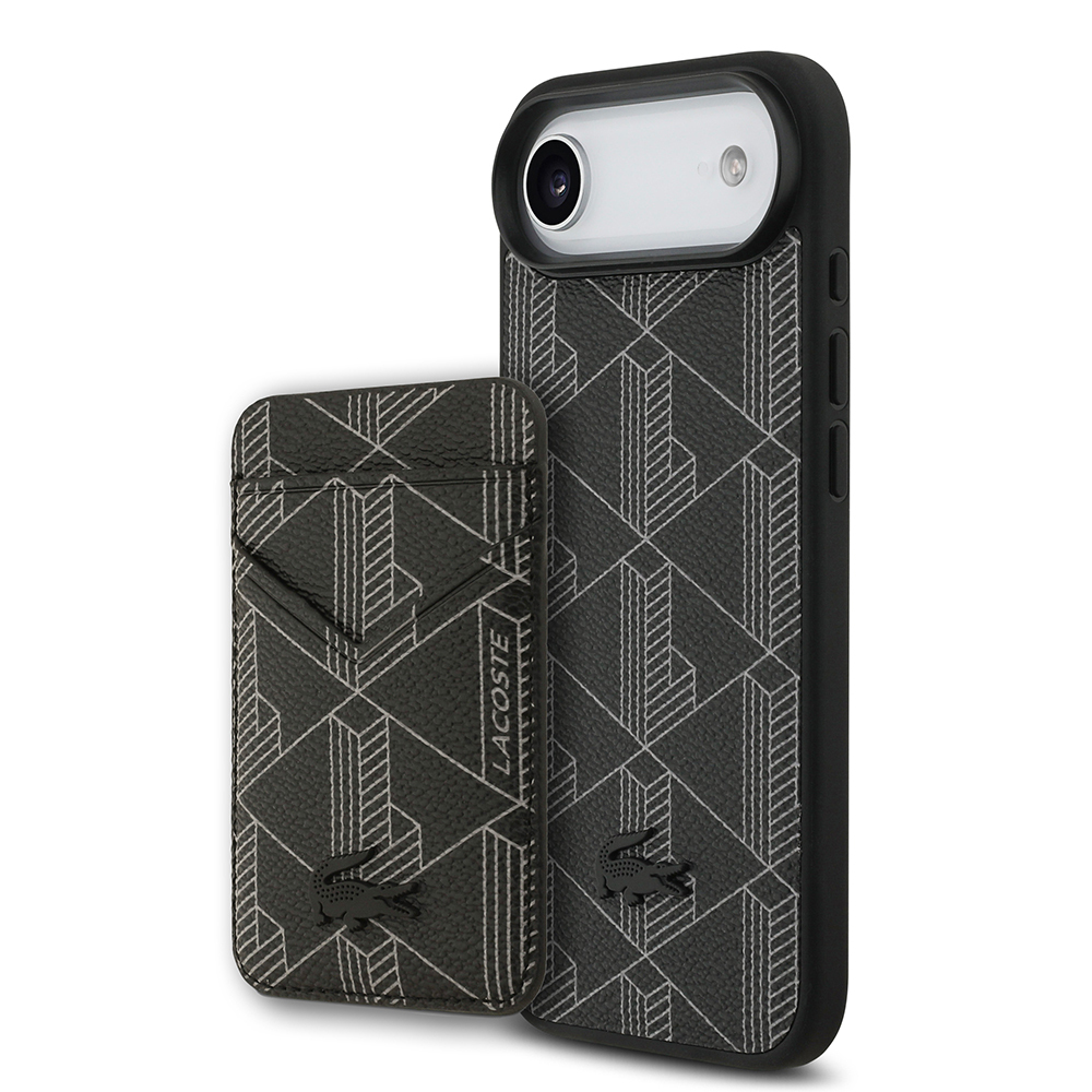 [RNZ-TA126312] Apple iPhone 17 Air Uyumlu Kılıf Lacoste Orjinal Lisanslı M-safe Şarj Özellikli PU Deri Tasarımlı Kartlıklı Karışık Monogram Desenli Kapak (Siyah)