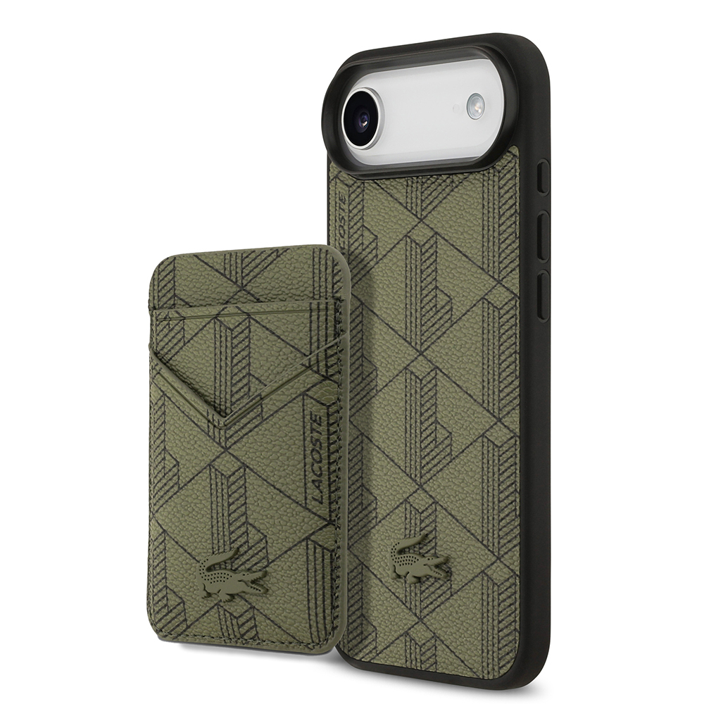 Apple iPhone 17 Air Uyumlu Kılıf Lacoste Orjinal Lisanslı M-safe Şarj Özellikli PU Deri Tasarımlı Kartlıklı Karışık Monogram Desenli Kapak
