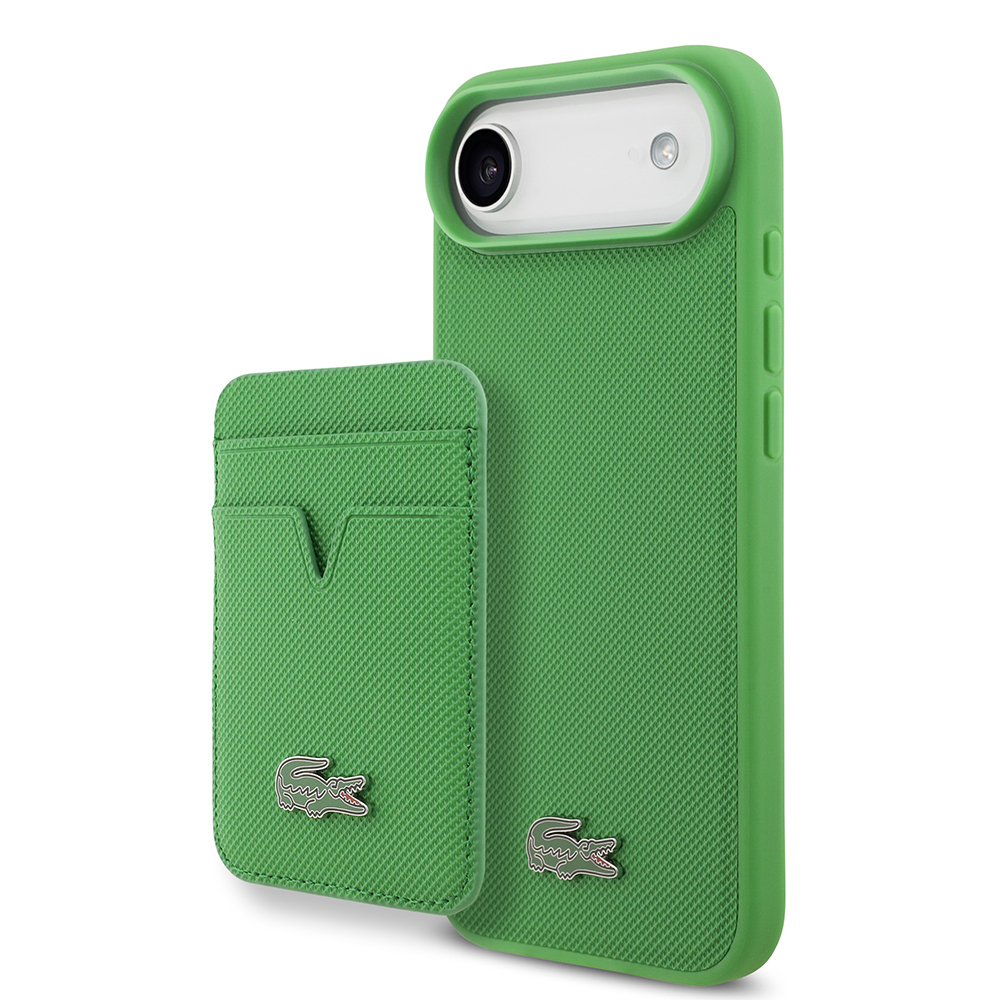 Apple iPhone 17 Air Uyumlu Kılıf Lacoste Orjinal Lisanslı M-safe Şarj Özellikli PU Pike Desenli Metal Logolu Kartlıklı Kapak