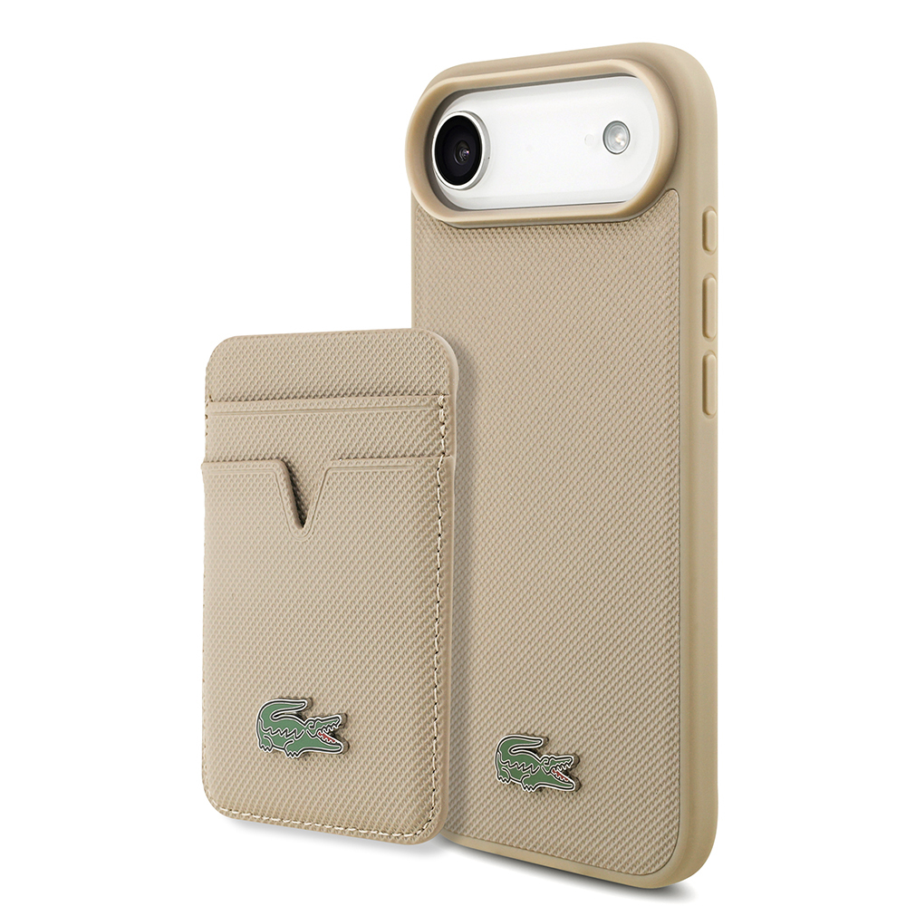 Apple iPhone 17 Air Uyumlu Kılıf Lacoste Orjinal Lisanslı M-safe Şarj Özellikli PU Pike Desenli Metal Logolu Kartlıklı Kapak