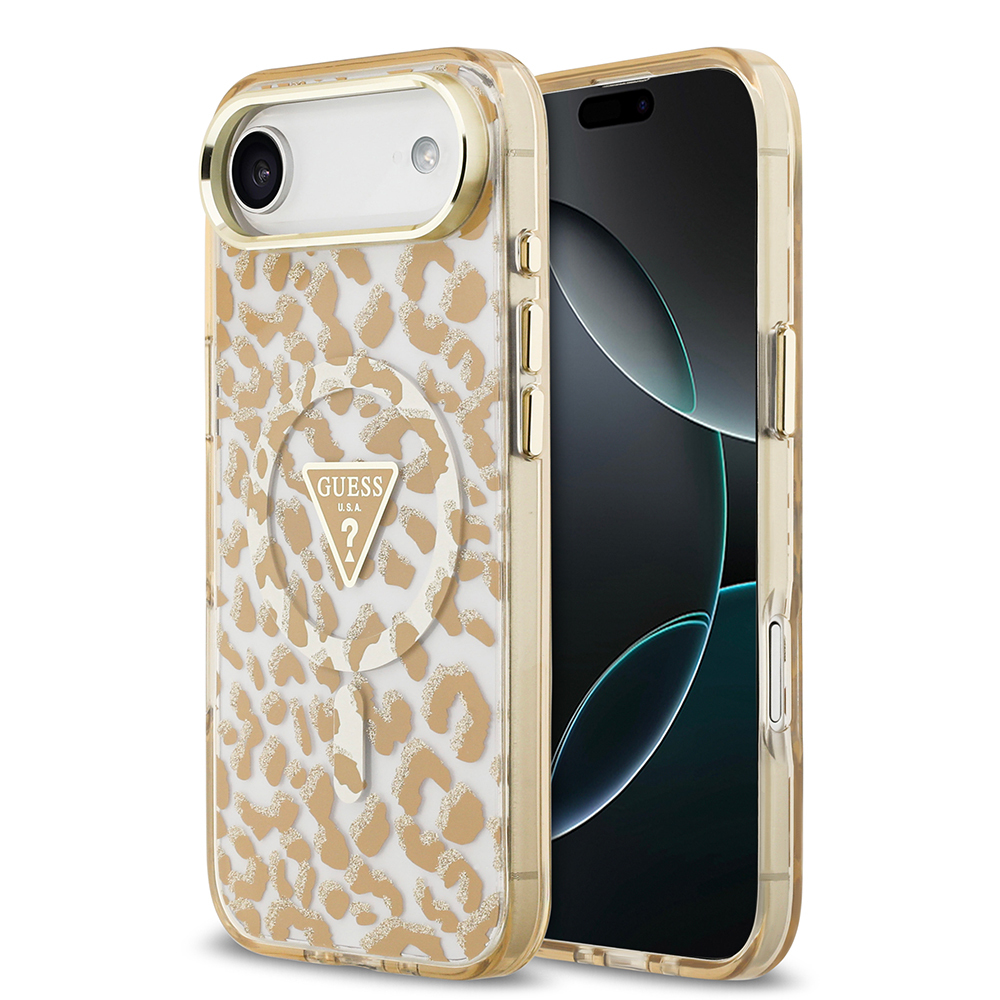 Apple iPhone 17 Air Uyumlu Kılıf Guess Orjinal Lisanslı M-safe Şarj Özellikli Üçgen Logolu Simli Leopar Desenli Kapak