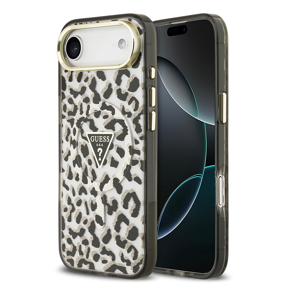 Apple iPhone 17 Air Uyumlu Kılıf Guess Orjinal Lisanslı M-safe Şarj Özellikli Üçgen Logolu Simli Leopar Desenli Kapak