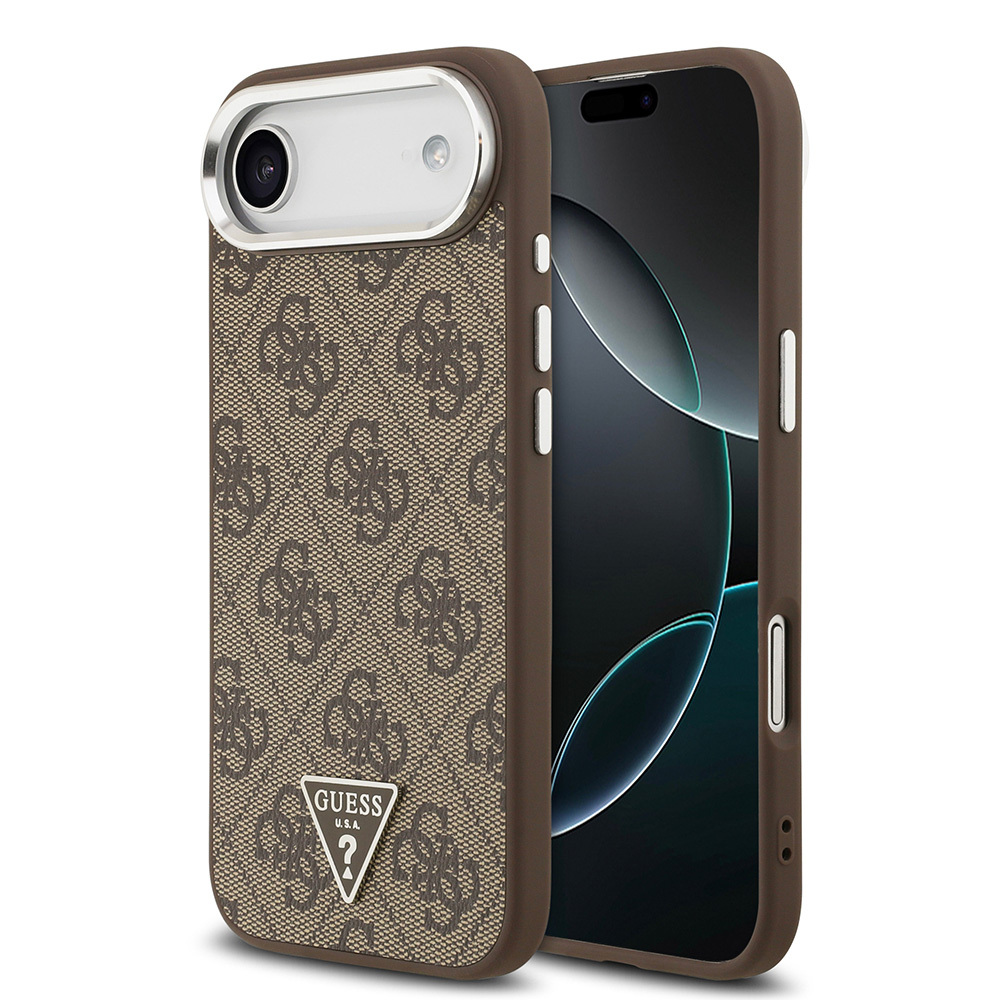 Apple iPhone 17 Air Uyumlu Kılıf Guess Orjinal Lisanslı M-safe Şarj Özellikli Gümüş Metal Kamera Çerçeveli Üçgen Logo 4G Desenli Kapak