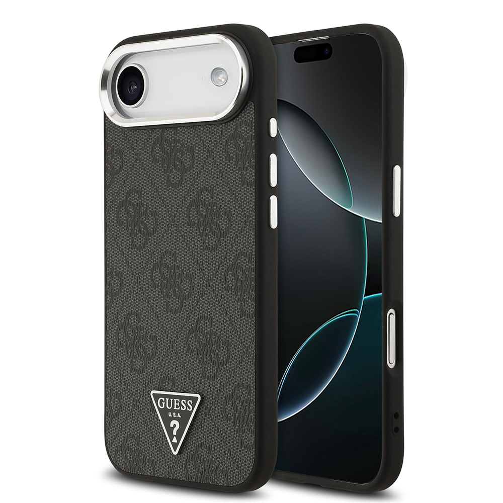 Apple iPhone 17 Air Uyumlu Kılıf Guess Orjinal Lisanslı M-safe Şarj Özellikli Gümüş Metal Kamera Çerçeveli Üçgen Logo 4G Desenli Kapak