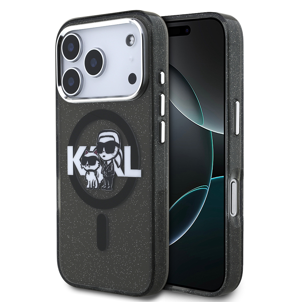 Apple iPhone 17 Pro Uyumlu Kılıf Karl Lagerfeld Orjinal Lisanslı Parlayan Simli Karl & Choupette Sketch Logo Kapak
