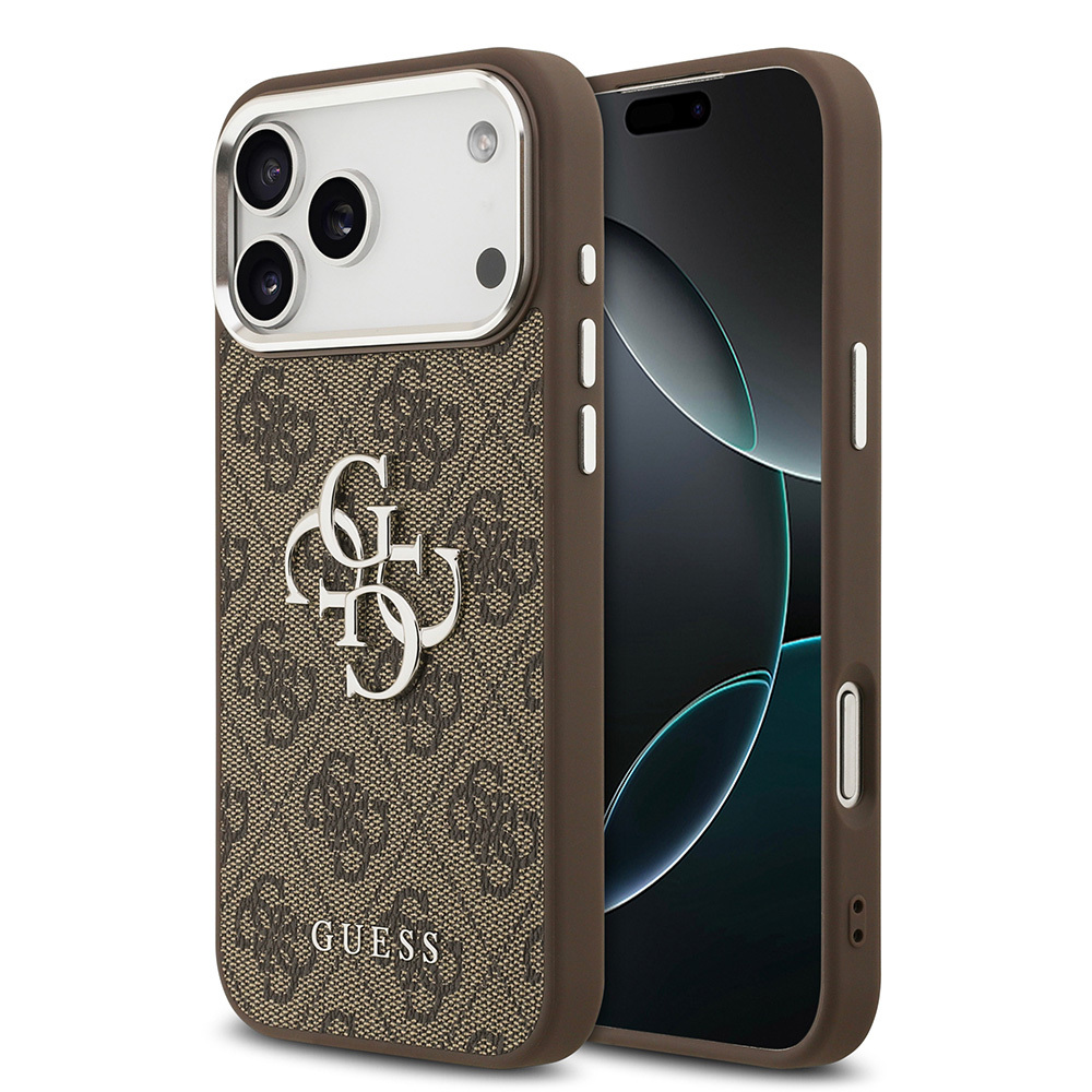 Apple iPhone 17 Pro Max Uyumlu Kılıf Guess Orjinal Lisanslı Gümüş Metal Kamera Çerçeveli 4G Desenli Metal Büyük 4G ve Yazı Logolu Kapak