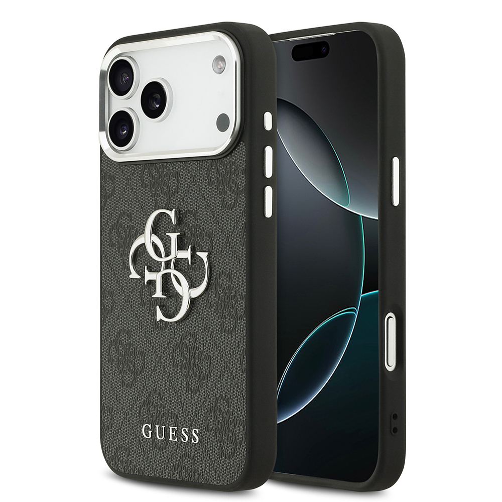 Apple iPhone 17 Pro Max Uyumlu Kılıf Guess Orjinal Lisanslı Gümüş Metal Kamera Çerçeveli 4G Desenli Metal Büyük 4G ve Yazı Logolu Kapak