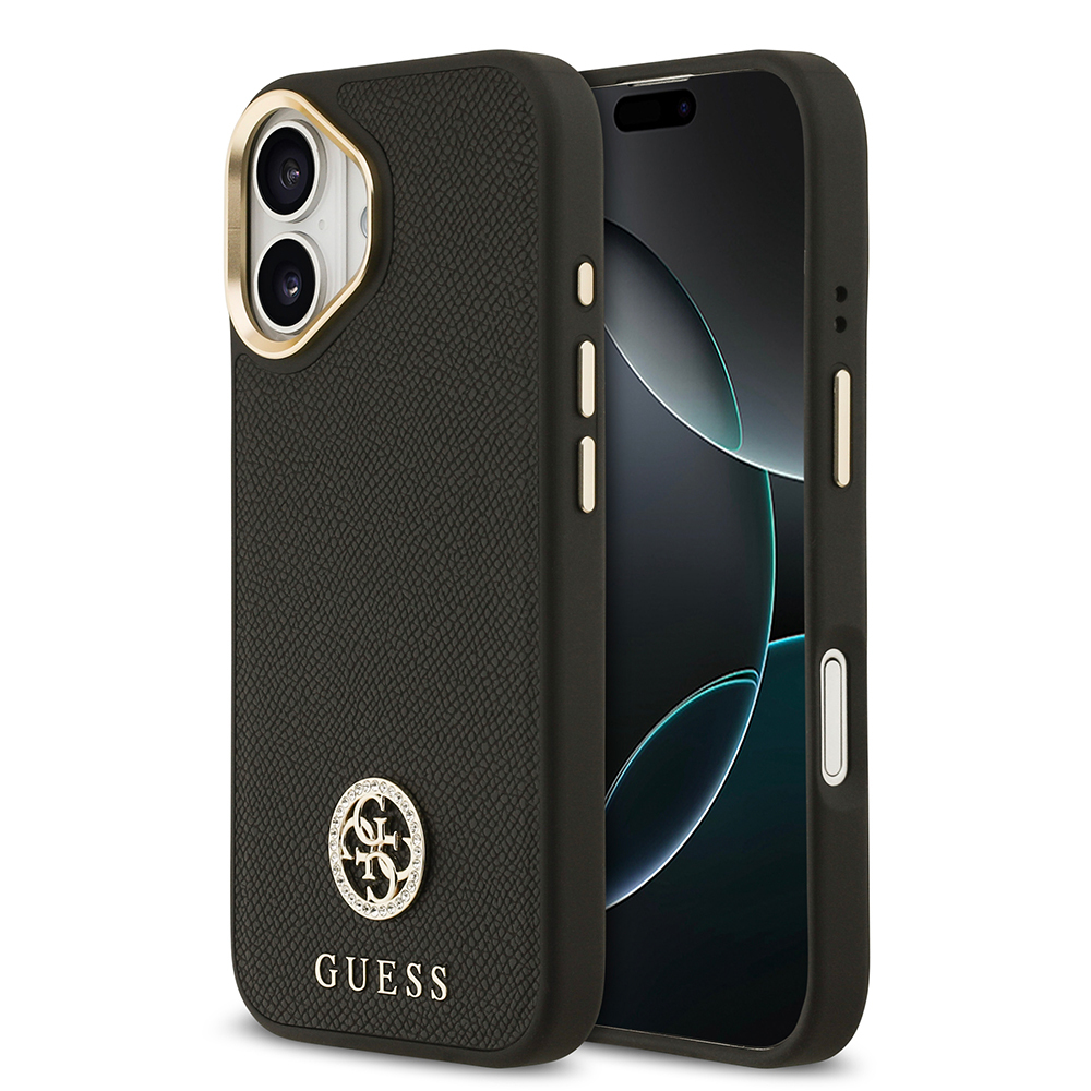 Apple iPhone 17 Uyumlu Kılıf Guess Orjinal Lisanslı M-safe Şarj Özellikli Grained Yazı ve Taşlı 4G Logolu Kapak