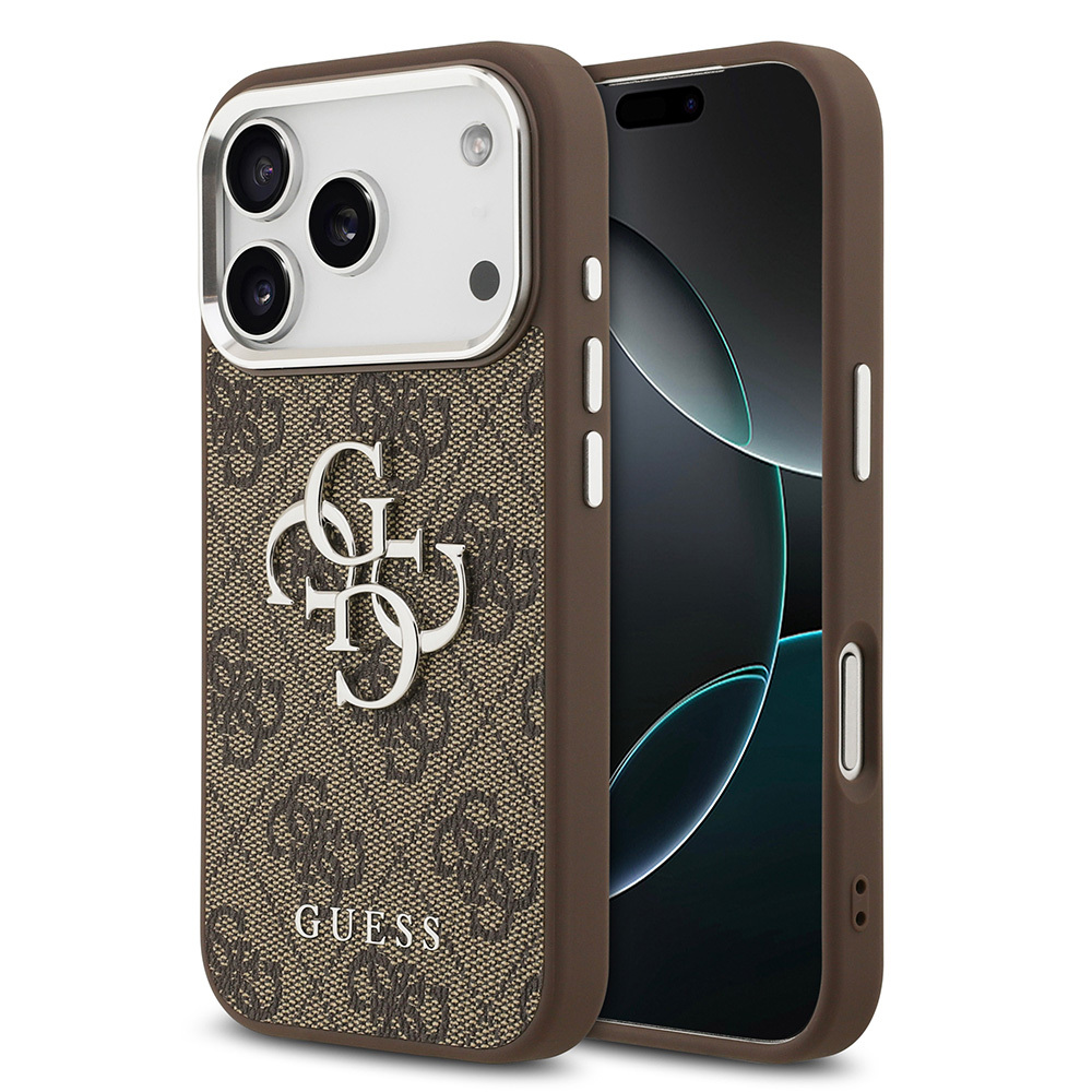 Apple iPhone 17 Pro Uyumlu Kılıf Guess Orjinal Lisanslı Gümüş Metal Kamera Çerçeveli 4G Desenli Metal Büyük 4G ve Yazı Logolu Kapak