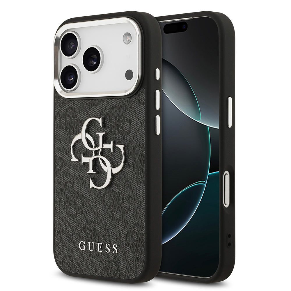 Apple iPhone 17 Pro Uyumlu Kılıf Guess Orjinal Lisanslı Gümüş Metal Kamera Çerçeveli 4G Desenli Metal Büyük 4G ve Yazı Logolu Kapak