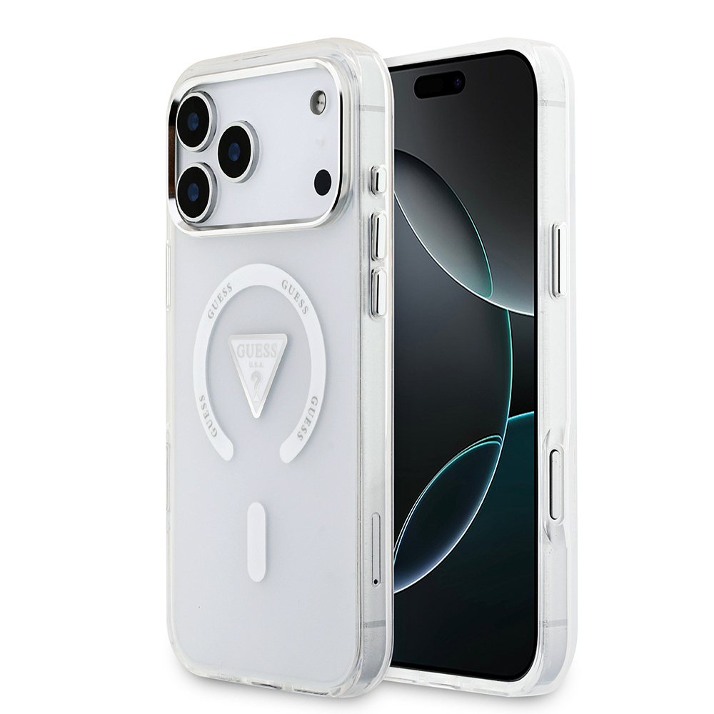 Apple iPhone 17 Pro Max Uyumlu Kılıf Guess Orjinal Lisanslı M-safe Şarj Özellikli IML Baskılı Üçgen Logolu Metal Kamera Çerçeveli Kapak