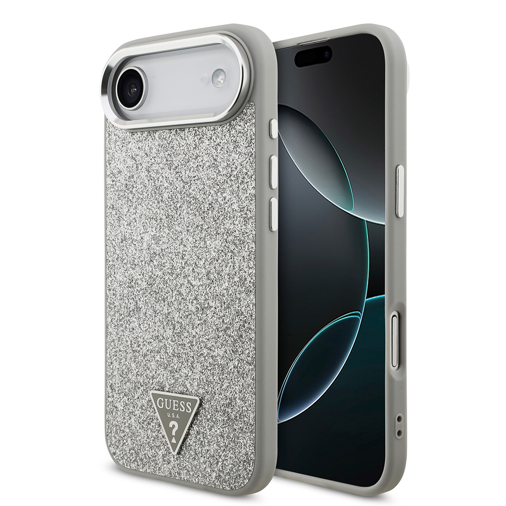 Apple iPhone 17 Air Uyumlu Kılıf Guess Orjinal Lisanslı M-safe Şarj Özellikli Metal Kamera Çerçeveli Üçgen Logolu Glitter Kapak