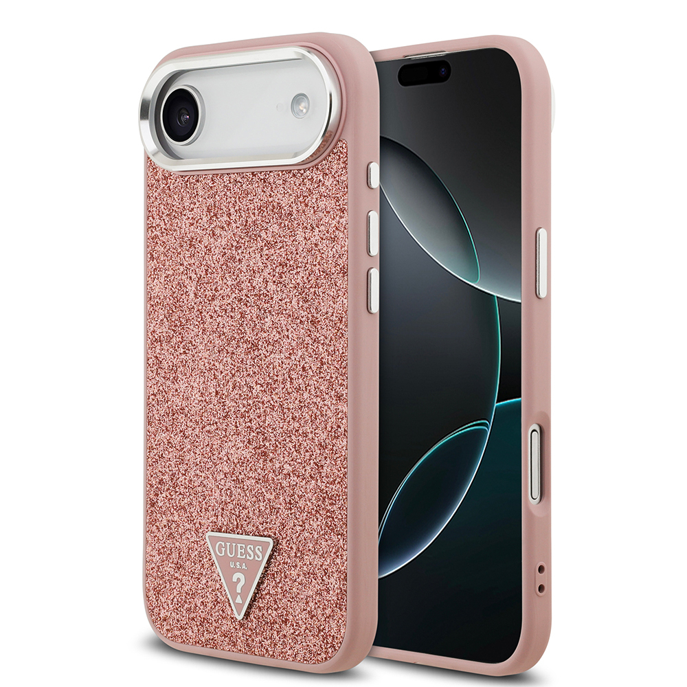 Apple iPhone 17 Air Uyumlu Kılıf Guess Orjinal Lisanslı M-safe Şarj Özellikli Metal Kamera Çerçeveli Üçgen Logolu Glitter Kapak
