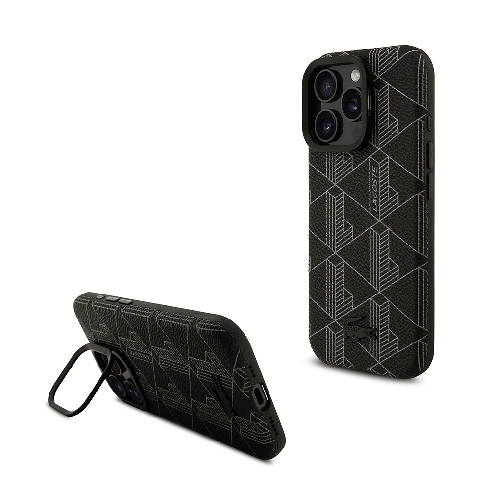 [RNZ-TA126332] Apple iPhone 16 Pro Max Uyumlu Kılıf Lacoste Orjinal Lisanslı M-safe Şarj Özellikli Standlı PU Deri Karışık Monogram Desenli Kapak