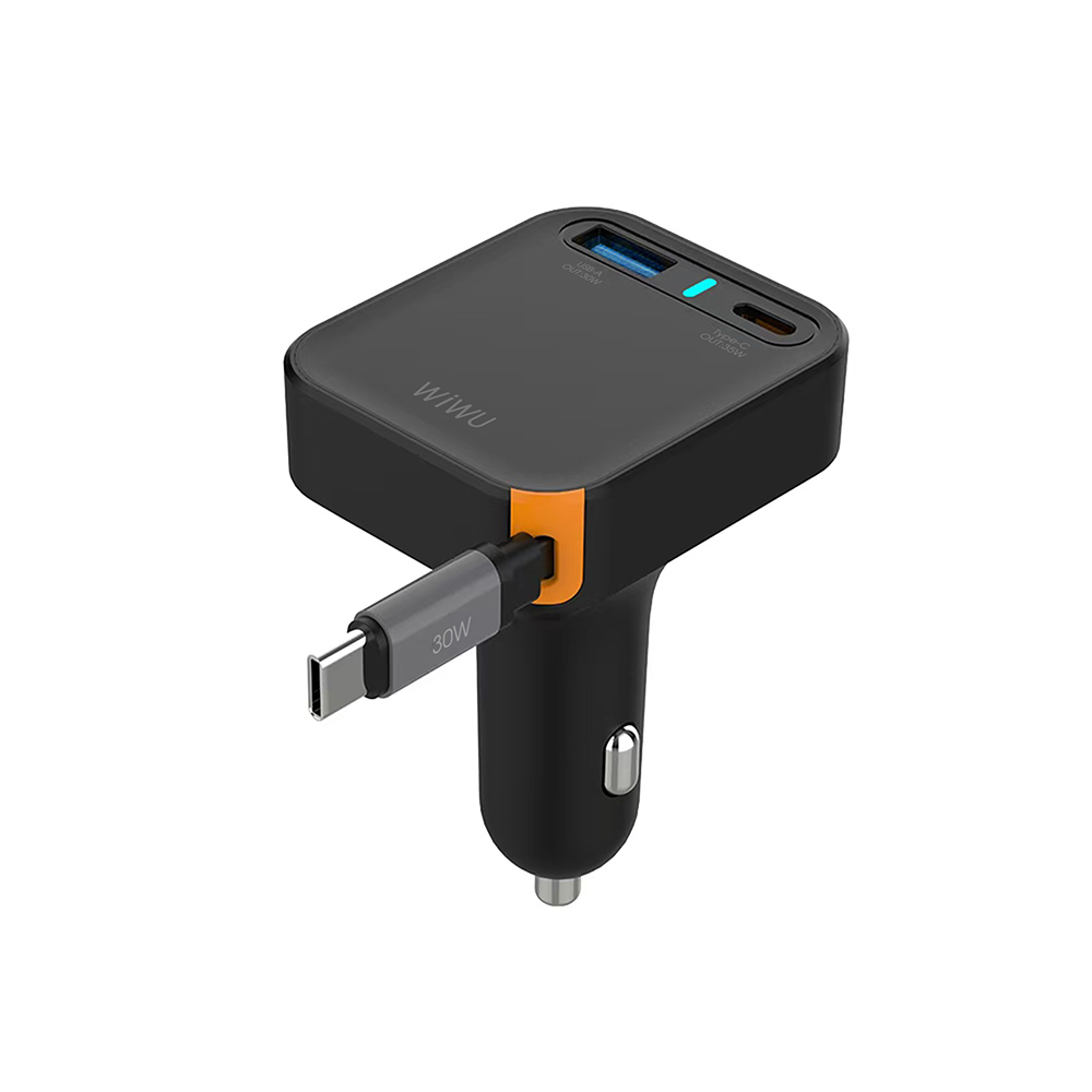 [RNZ-TA125315] Wiwu Wi-CC033 Type-C + USB-A Hızlı Şarj Özellikli Akım Korumalı Dahili Kablolu Araç Şarj Aleti 65W