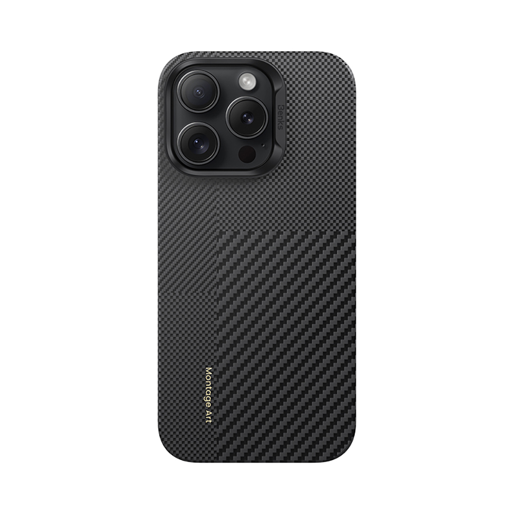 Apple iPhone 16 Pro Uyumlu Kılıf M-safe Şarj Özellikli Karbon Fiber Metal Kamera Çerçeveli Benks Montage ArmorAir Kevlar Kapak