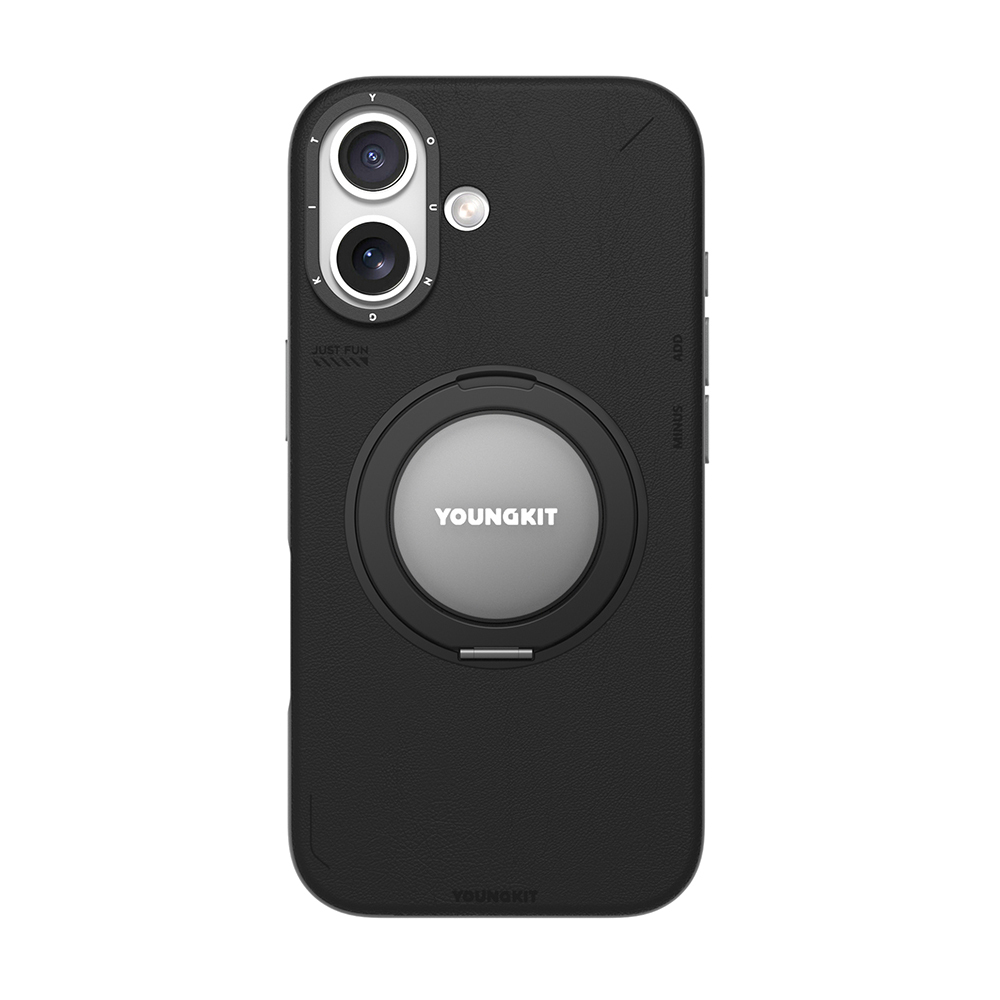 [RNZ-TA127824] Apple iPhone 17 Uyumlu Kılıf M-safe Şarj Özellikli 360 Derece Standlı Basit Mat Deri Desenli Youngkit Tech Leather Serisi Kapak (Siyah)