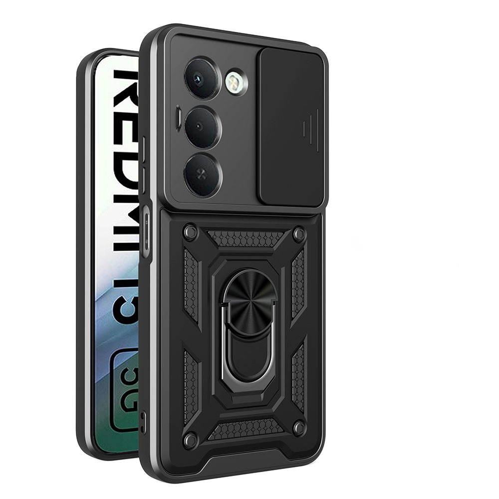 [RNZ-TA128497] Xiaomi Redmi 15 Uyumlu Kılıf Magnetik Standlı Kamera Korumalı Zore Sürgülü Vega Kapak (Siyah)