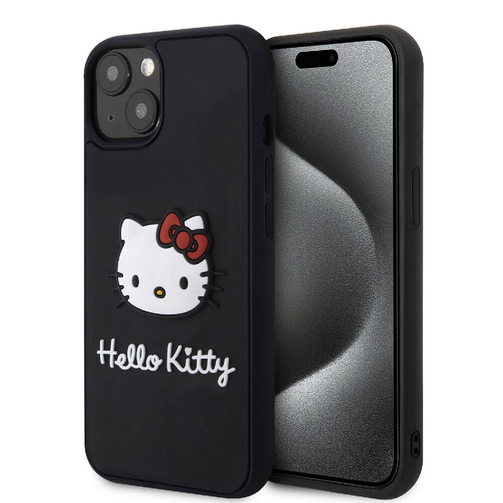Apple iPhone 15 Uyumlu Kılıf Hello Kitty Orjinal Lisanslı Yazı ve İkonik Logolu 3D Rubber Kitty Head Kapak