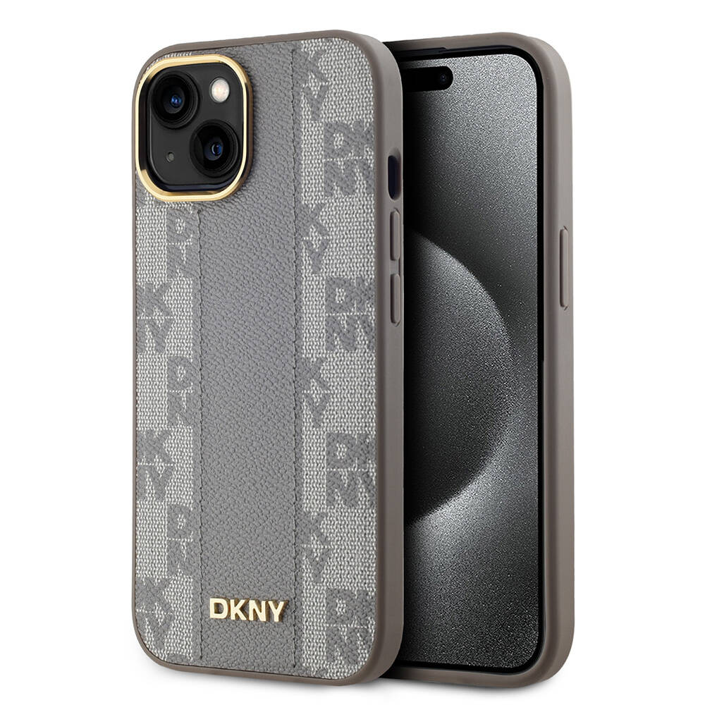 Apple iPhone 15 Uyumlu Kılıf DKNY Orjinal Lisanslı M-safe Şarj Özellikli 3D Yazılı Checkered Pattern Kapak