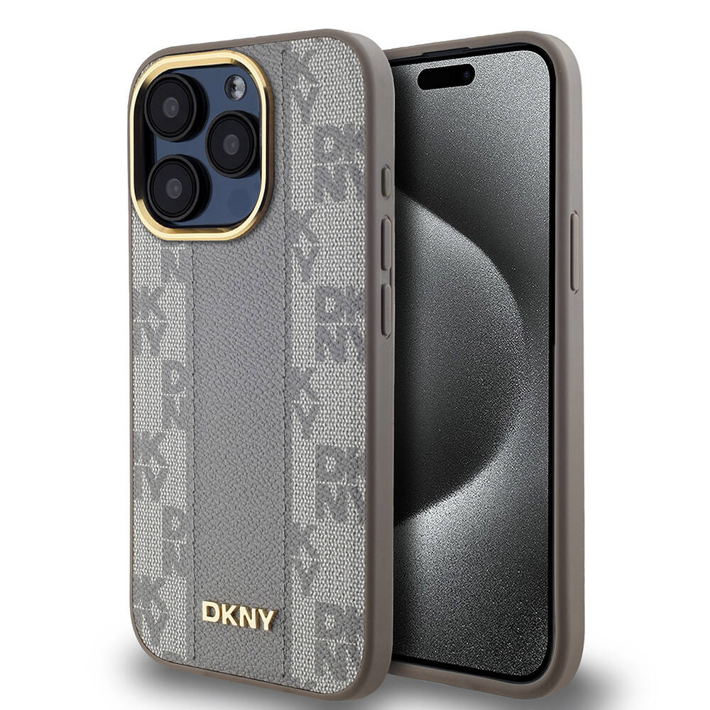 Apple iPhone 15 Pro Uyumlu Kılıf DKNY Orjinal Lisanslı M-safe Şarj Özellikli 3D Yazılı Checkered Pattern Kapak