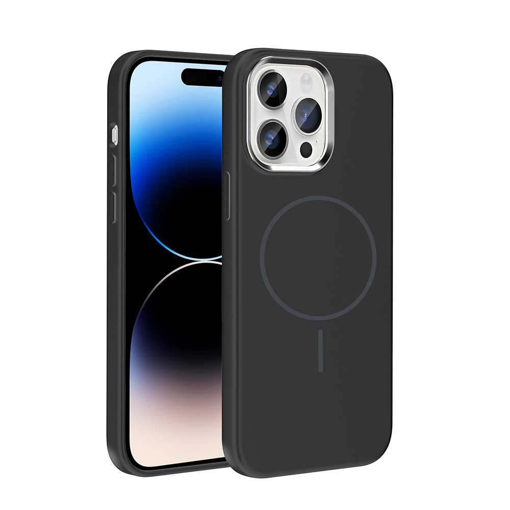 [RNZ-TA129284] Apple iPhone 14 Pro Max Uyumlu Kılıf M-Safe Şarj Özellikli Metal Kamera Çerçeveli Zore Edi Silikon Kapak (Siyah)