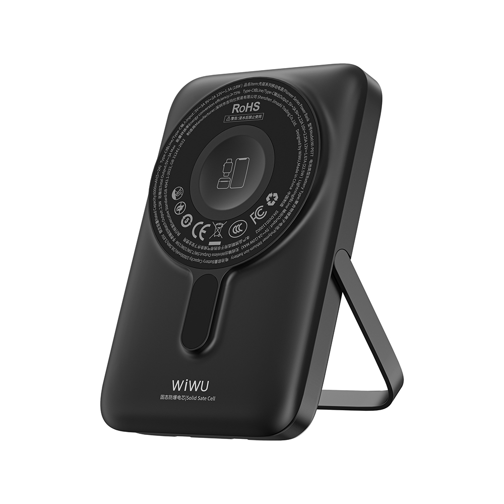 [RNZ-TA127956] Wiwu Wi-P077 Pionner Serisi Taşınabilir Wireless Şarj ve PD 20W Hızlı Şarj Özellikli Standlı Powerbank 15W 10000mAh (Siyah)