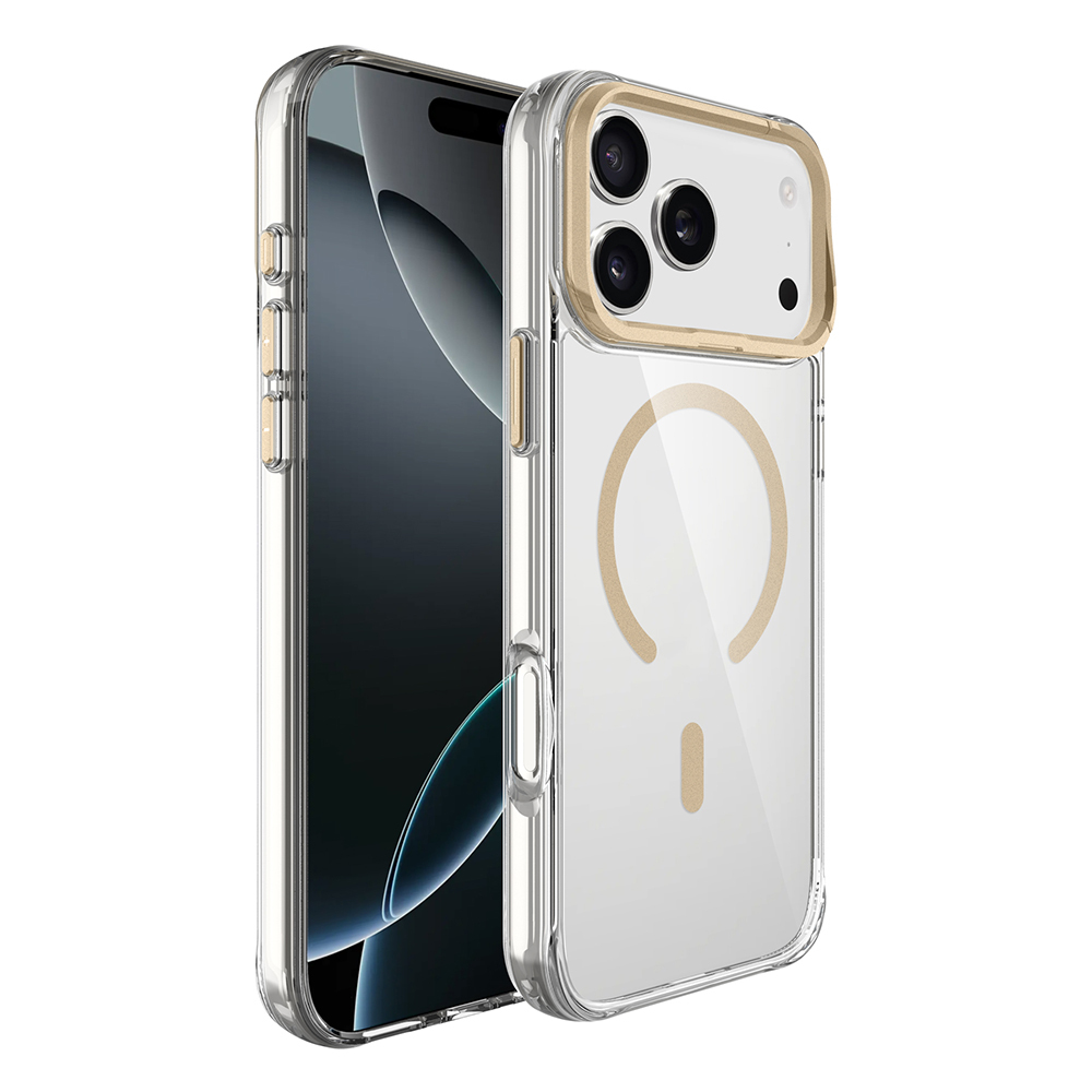 [RNZ-TA128565] Apple iPhone 17 Pro Uyumlu Kılıf M-safe Şarj Özellikli Airbagli Kamera Standlı Zore Azor Kapak (Gold)