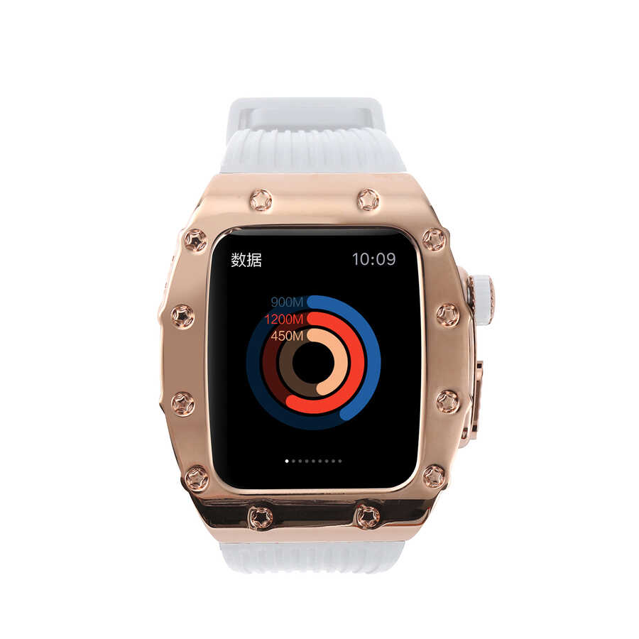 ​​​Apple Watch 7 45mm Uyumlu Kordon Metal Kasa Korumalı Silikon Luxury KRD-65 Kayış