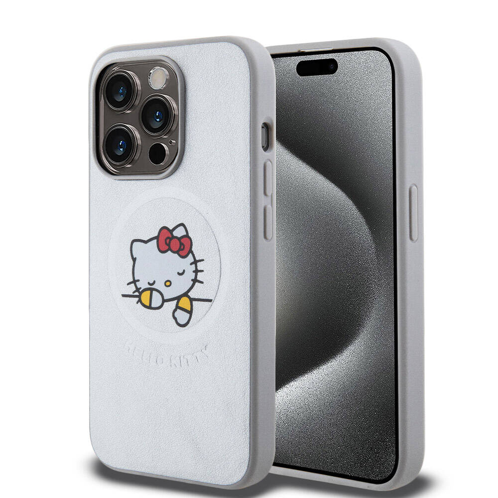 Apple iPhone 15 Pro Max Uyumlu Kılıf Hello Kitty Orjinal Lisanslı M-safe Şarj Özellikli Baskı Logolu Uyuyan Kitty Deri Kapak