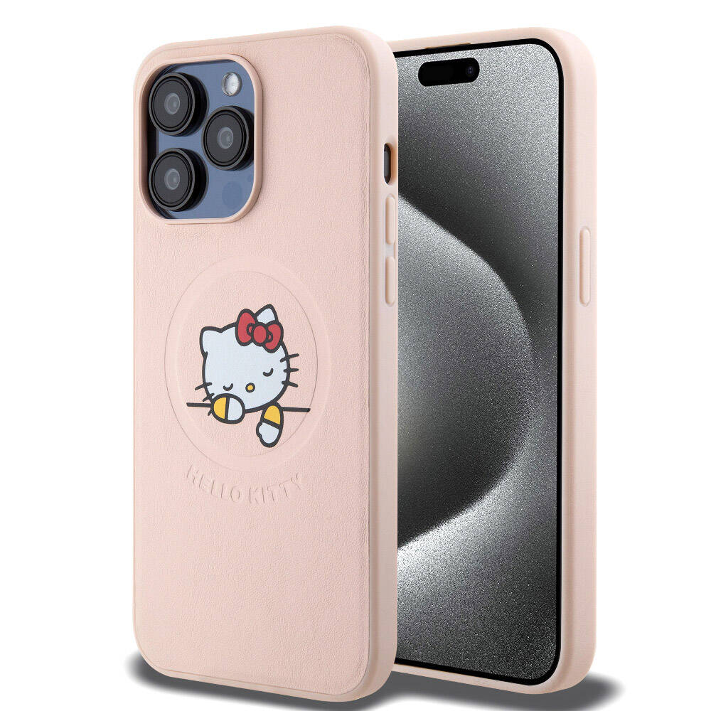 Apple iPhone 15 Pro Max Uyumlu Kılıf Hello Kitty Orjinal Lisanslı M-safe Şarj Özellikli Baskı Logolu Uyuyan Kitty Deri Kapak