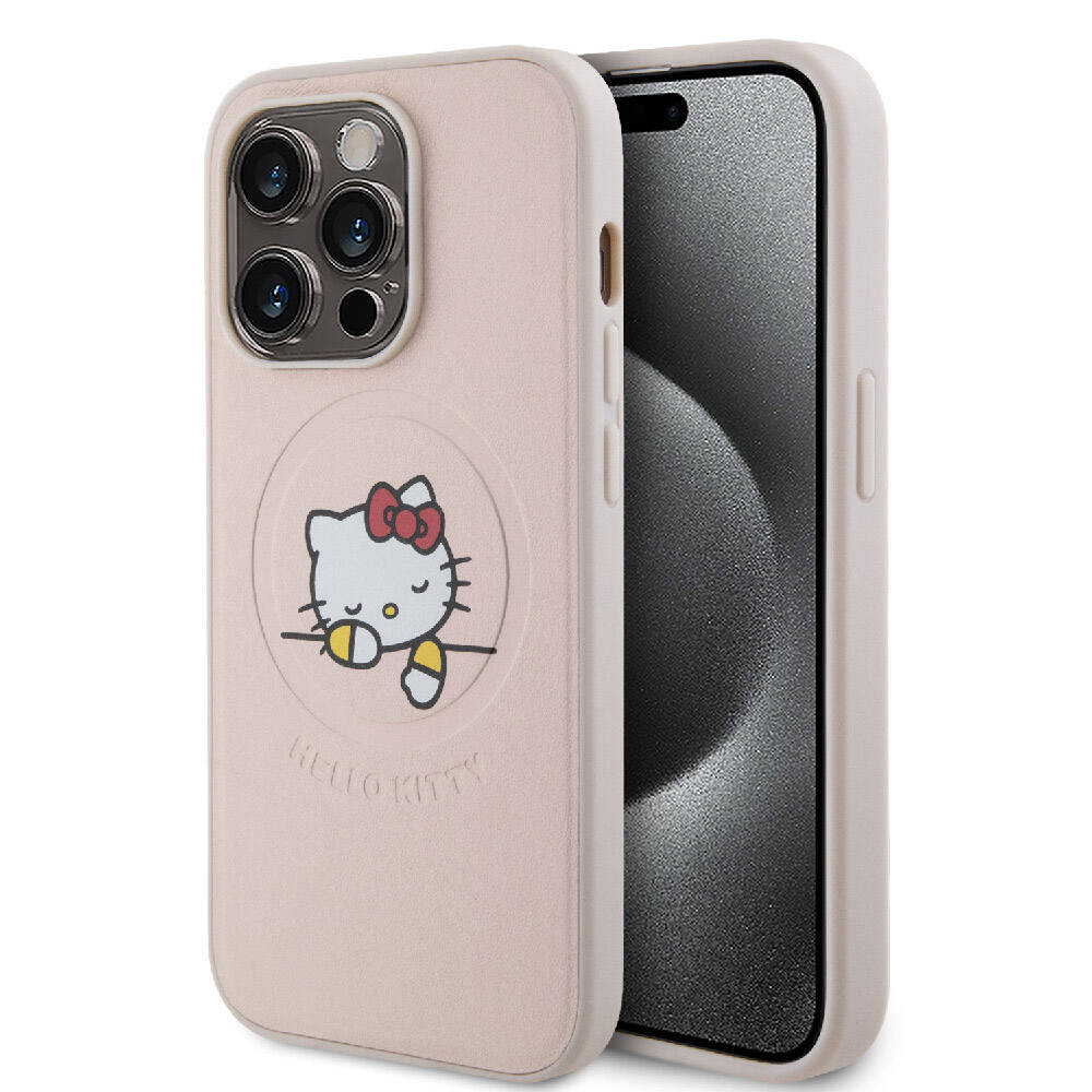 Apple iPhone 15 Pro Uyumlu Kılıf Hello Kitty Orjinal Lisanslı M-safe Şarj Özellikli Baskı Logolu Uyuyan Kitty Deri Kapak