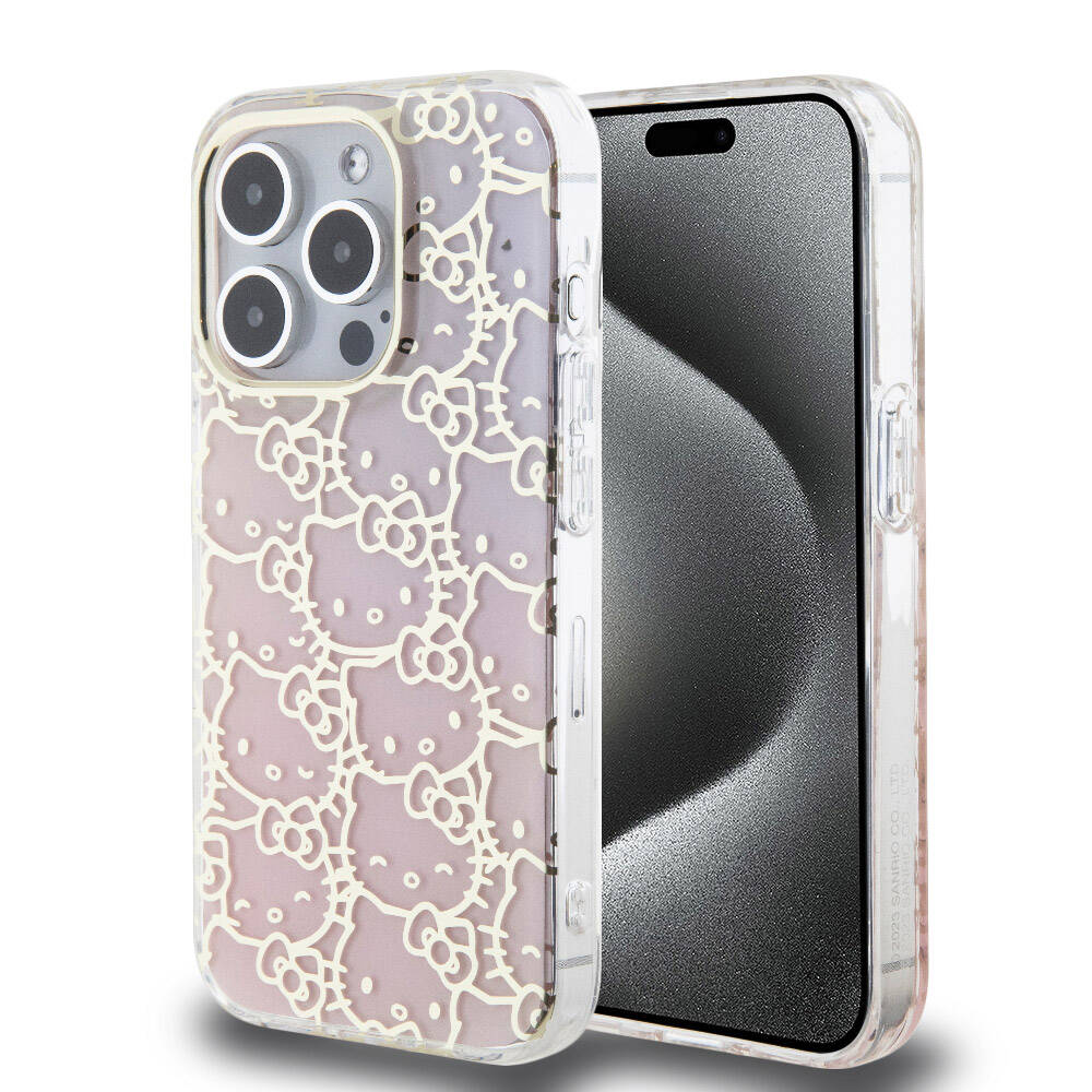 Apple iPhone 15 Pro Uyumlu Kılıf Hello Kitty Orjinal Lisanslı Renk Geçişli Elektroplating Kaplama Kitty Head Desenli Kapak