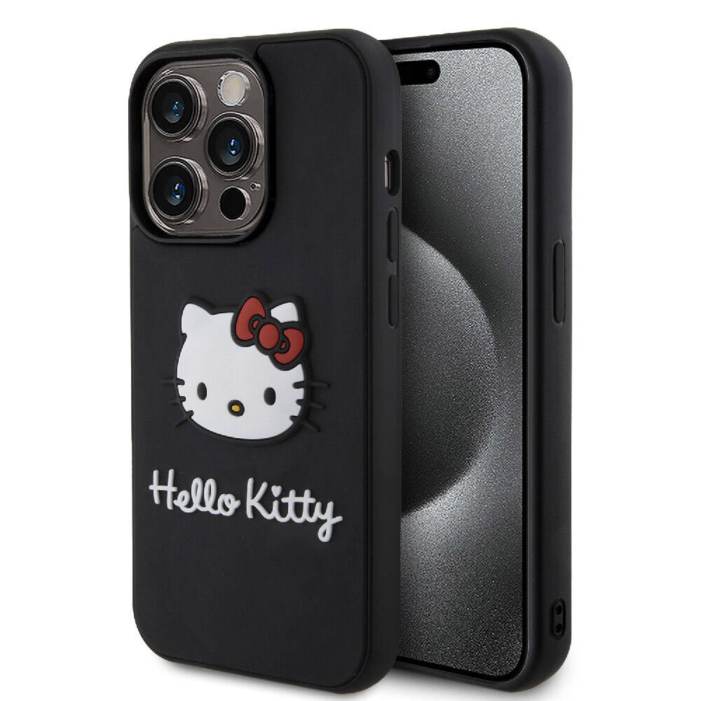 Apple iPhone 15 Pro Max Uyumlu Kılıf Hello Kitty Orjinal Lisanslı Yazı ve İkonik Logolu 3D Rubber Kitty Head Kapak