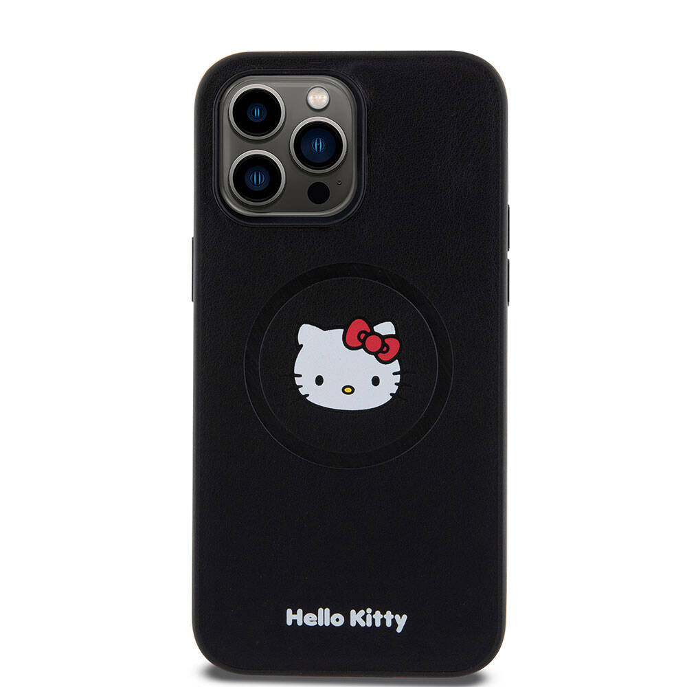 [RNZ-TA96108] Apple iPhone 15 Pro Max Uyumlu Kılıf Hello Kitty Orjinal Lisanslı M-safe Şarj Özellikli Kitty Head Deri Kapak (Siyah)