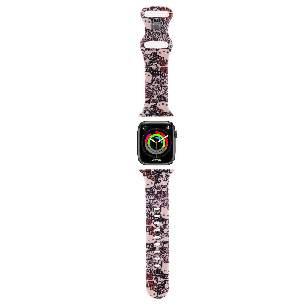 [RNZ-TA96207] Apple Watch 41mm Uyumlu Hello Kitty Orjinal Lisanslı Etiket Graffiti Silikon Kordon (Pembe)