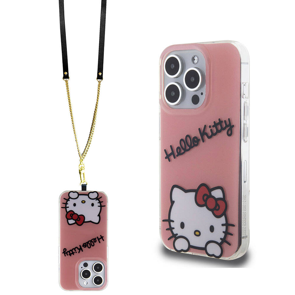 [RNZ-TA95508] Apple iPhone 15 Pro Uyumlu Kılıf Hello Kitty Orjinal Lisanslı Askılı Yazı ve İkonik Logolu Daydreaming Kapak (Pembe)