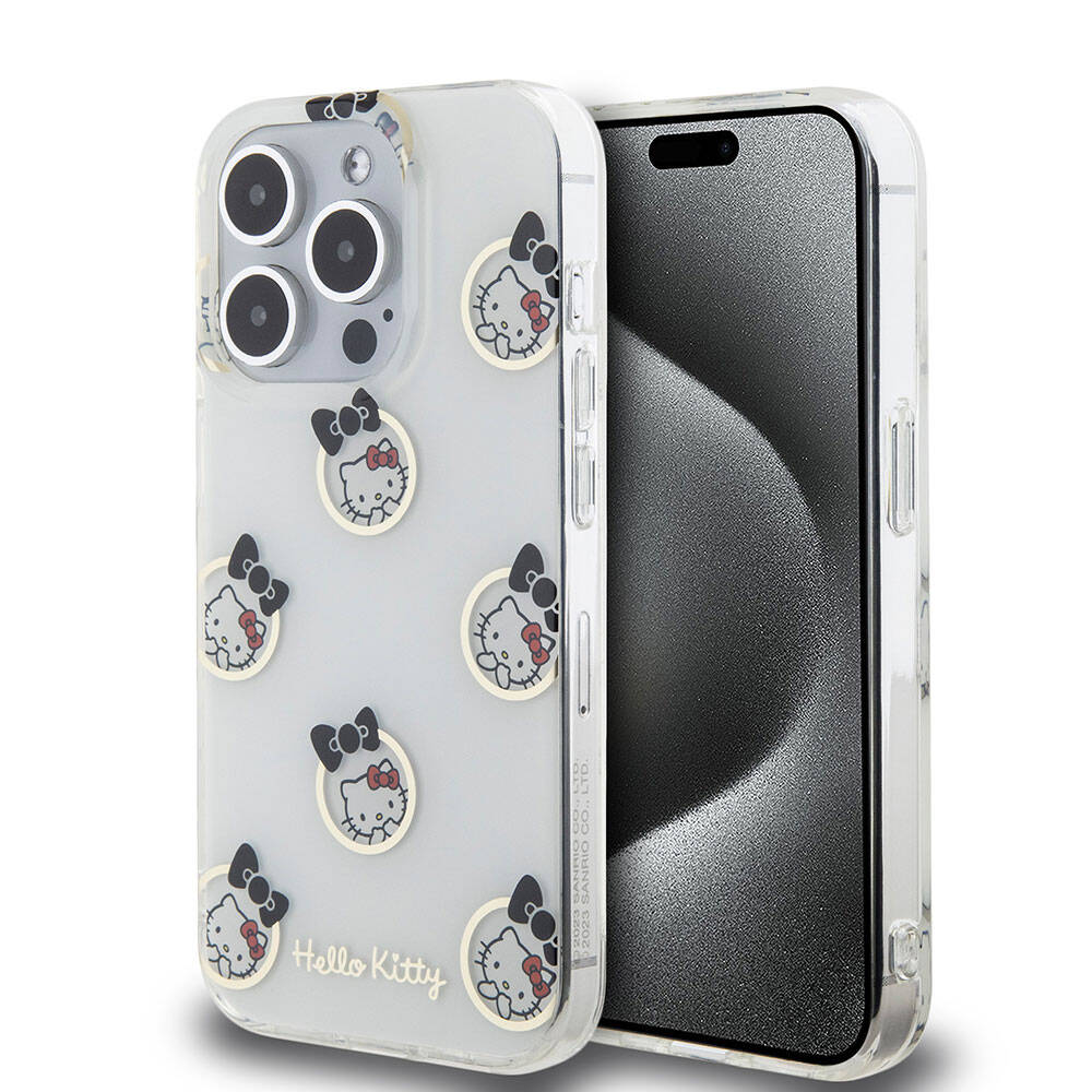 Apple iPhone 15 Pro Uyumlu Kılıf Hello Kitty Orjinal Lisanslı Elektroplating Kaplama Kabarcık Baskılı Kapak