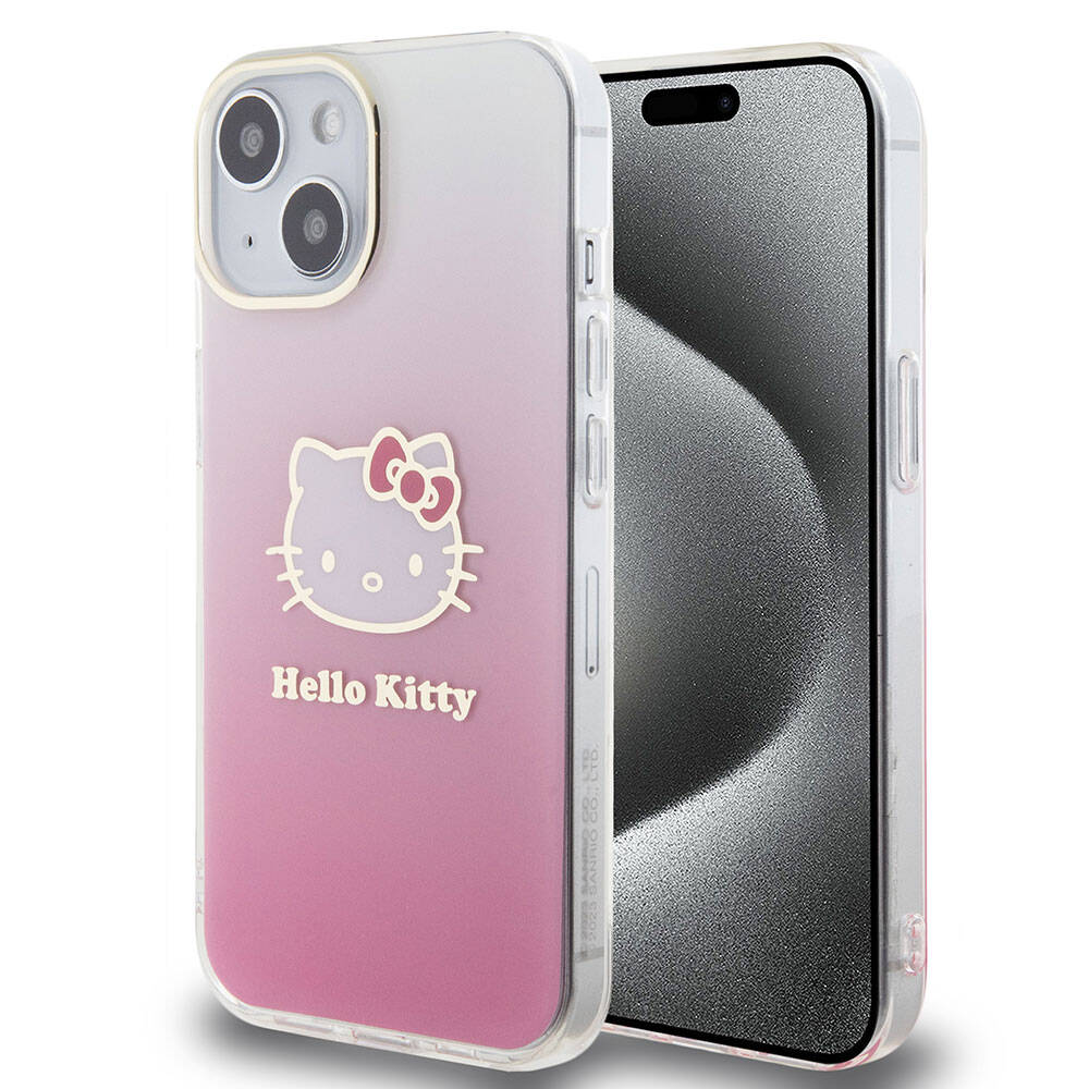 Apple iPhone 15 Uyumlu Kılıf Hello Kitty Orjinal Lisanslı Yazı ve İkonik Logolu Elektroplating Kaplama Gradyan Kapak