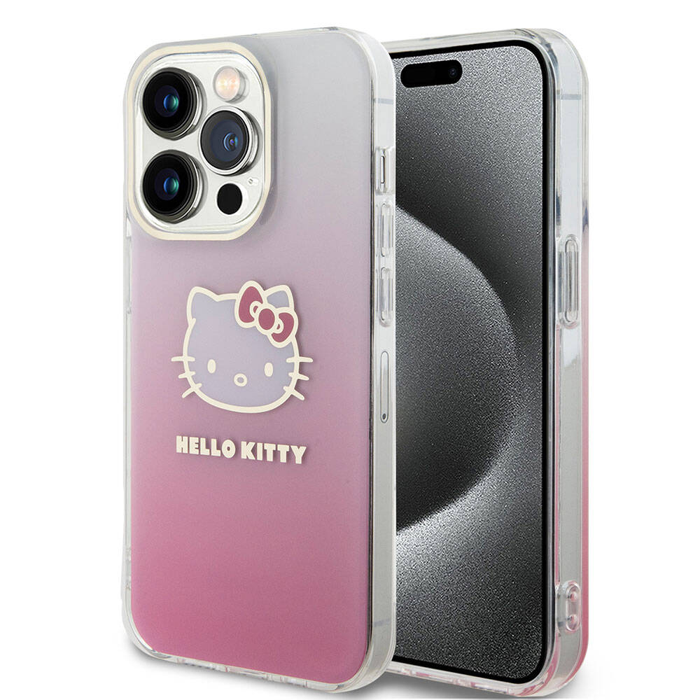 Apple iPhone 15 Pro Max Uyumlu Kılıf Hello Kitty Orjinal Lisanslı Yazı ve İkonik Logolu Elektroplating Kaplama Gradyan Kapak