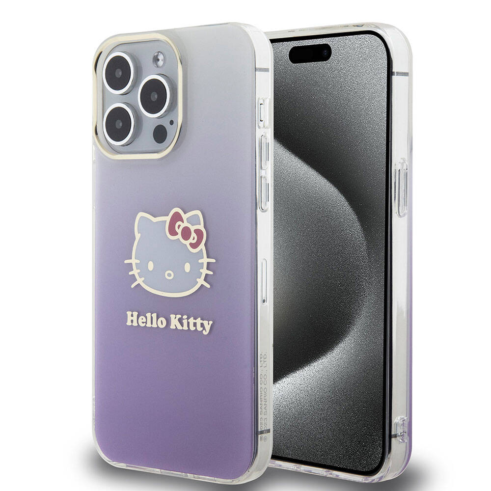 [RNZ-TA95537] Apple iPhone 15 Pro Max Uyumlu Kılıf Hello Kitty Orjinal Lisanslı Yazı ve İkonik Logolu Elektroplating Kaplama Gradyan Kapak (Mor)