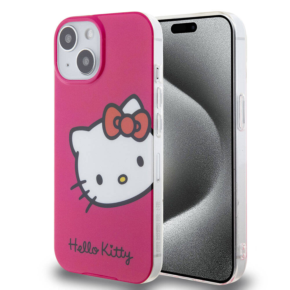 Apple iPhone 15 Uyumlu Kılıf Hello Kitty Orjinal Lisanslı Yazı ve İkonik Logolu Kitty Head Kapak