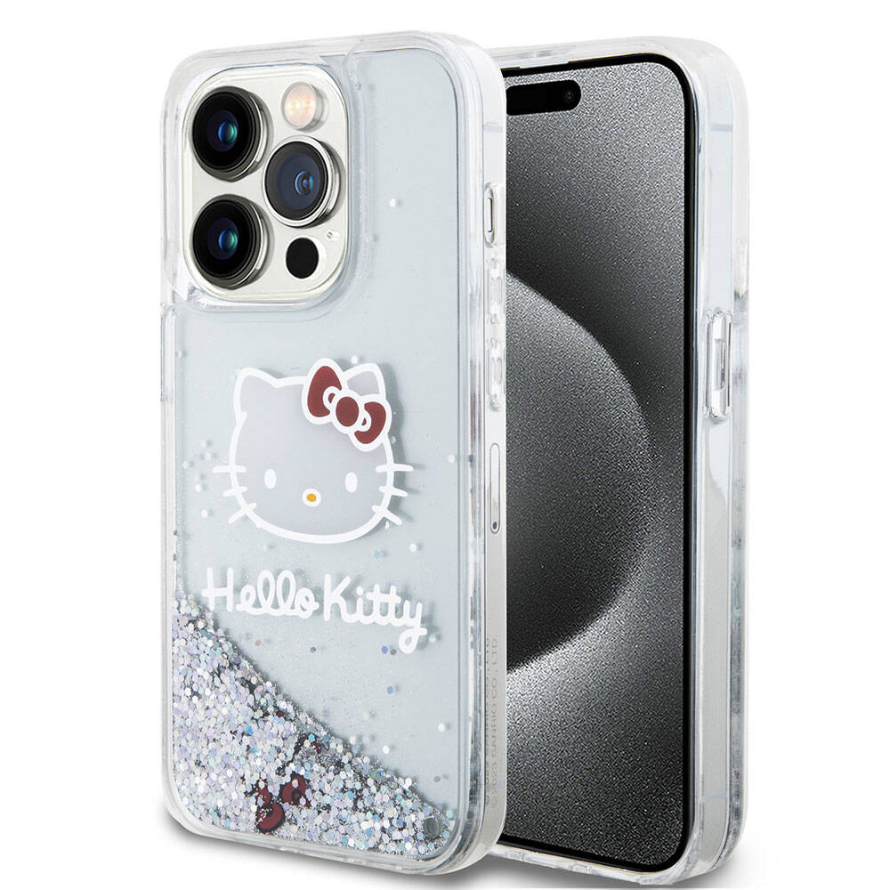 [RNZ-TA95543] Apple iPhone 15 Pro Uyumlu Kılıf Hello Kitty Orjinal Lisanslı İkonik Sıvılı Glitter Kapak (Renksiz)