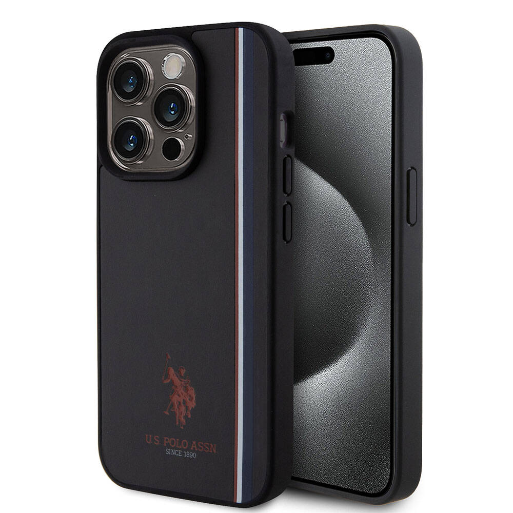 [RNZ-TA95618] Apple iPhone 15 Pro Uyumlu Kılıf U.S. Polo Assn. Orjinal Lisanslı Üç Renk Şerit Tasarımlı Baskı Logolu Kapak (Siyah)