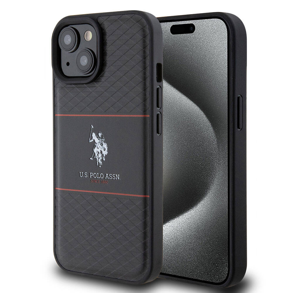 [RNZ-TA95623] Apple iPhone 15 Uyumlu Kılıf U.S. Polo Assn. Orjinal Lisanslı Deri Şeritli Logo Dizayn Kapak (Siyah)