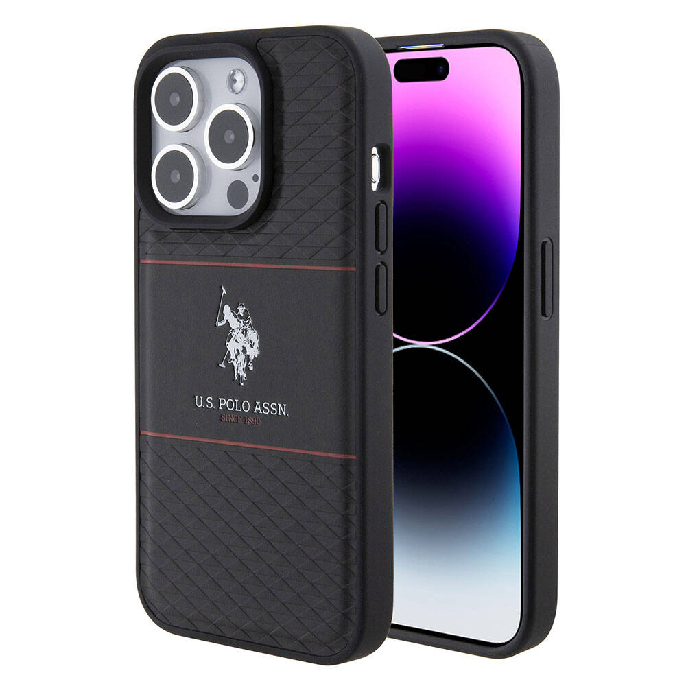 [RNZ-TA95625] Apple iPhone 15 Pro Uyumlu Kılıf U.S. Polo Assn. Orjinal Lisanslı Deri Şeritli Logo Dizayn Kapak (Siyah)