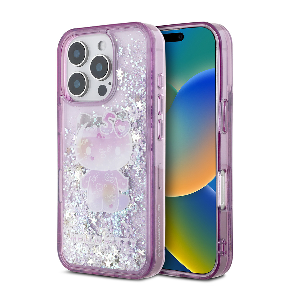 [RNZ-TA110993] Apple iPhone 16 Pro Max Uyumlu Kılıf Hello Kitty Orjinal Lisanslı Sıvılı Simli 50. Yıldönümü Partisi Kapak